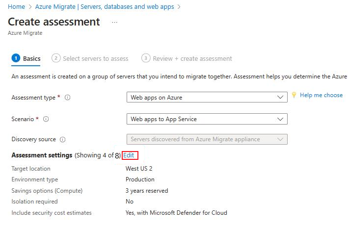 Zrzut ekranu przedstawiający stronę Tworzenie oceny dla usługi Azure Migrate.
