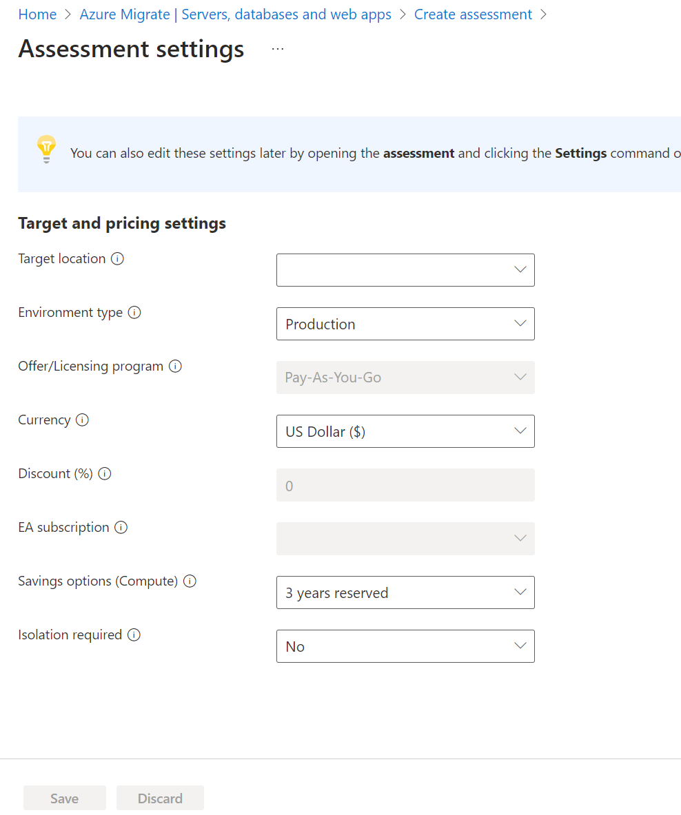 Zrzut ekranu przedstawiający ustawienia oceny dla usługi Azure Migrate.