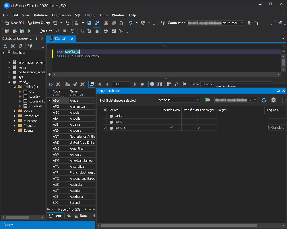 Screenshot showing the results of the Copy Databases function.