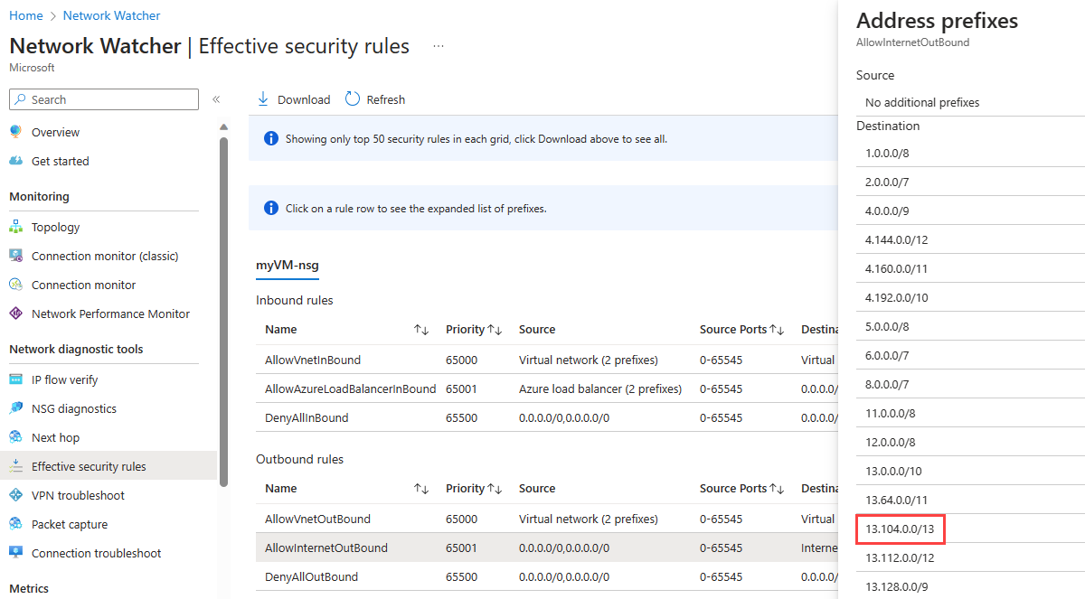 Screenshot of the prefixes of AllowInternetOutBound rule.