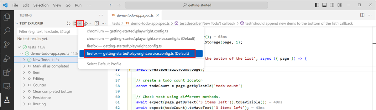 Zrzut ekranu przedstawiający sposób uruchamiania wszystkich testów dla określonej konfiguracji przeglądarki, wybierając projekt w programie Visual Studio Code.
