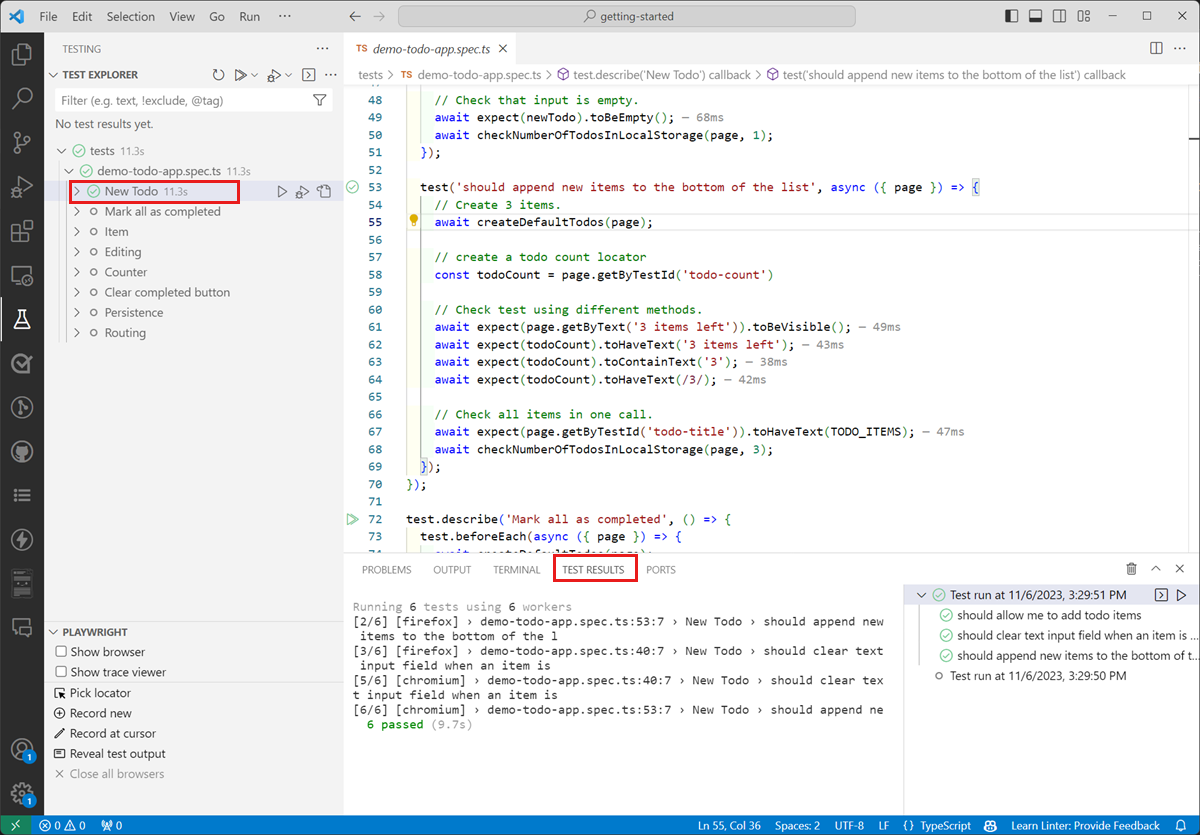 Zrzut ekranu przedstawiający wyniki testu playwright w programie Visual Studio Code.