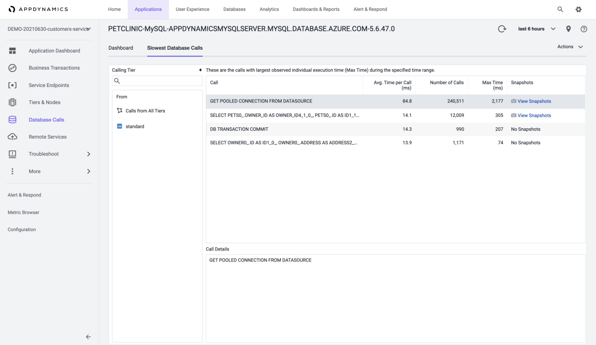 AppDynamics screenshot showing the Slowest Database Calls page.