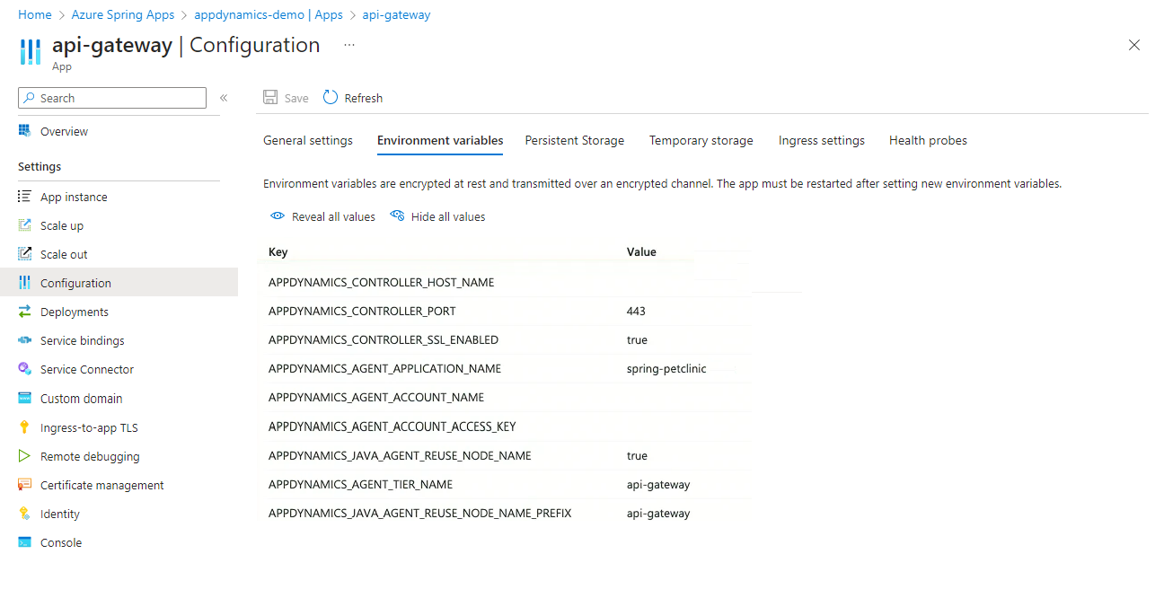 Screenshot of the Azure portal showing the Configuration page for an app in an Azure Spring Apps instance, with the Environment variables tab selected.