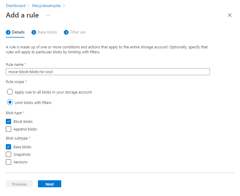 Zarządzanie cyklem życia — dodawanie strony szczegółów reguły w witrynie Azure Portal