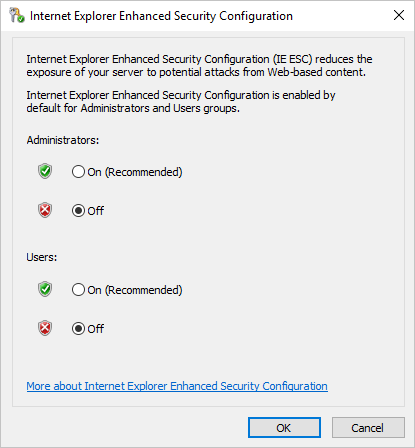 Okno podręczne „Konfiguracja zwiększonych zabezpieczeń programu Internet Explorer” z wybraną pozycją „Wyłączono”