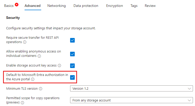 Screenshot showing how to configure default Microsoft Entra authorization in Azure portal for new account.