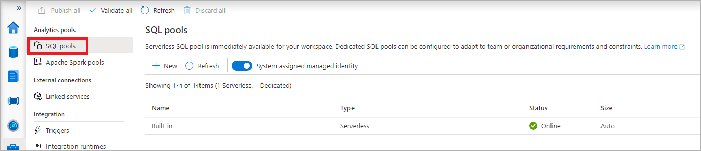 Zrzut ekranu przedstawiający centrum zarządzania Synapse Studio z wybraną nawigacją pul SQL.