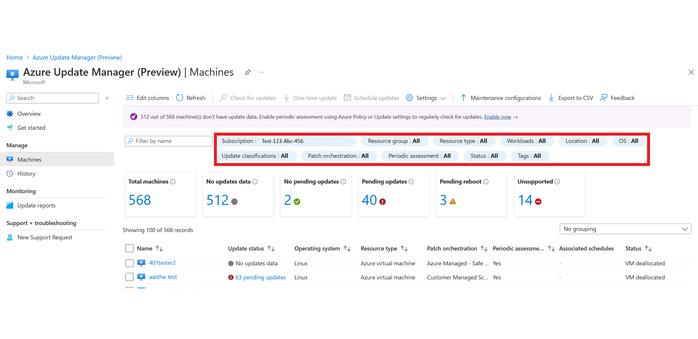 Zrzut ekranu przedstawiający wybieranie filtrów w usłudze Azure Update Manager w celu wyświetlenia maszyn.
