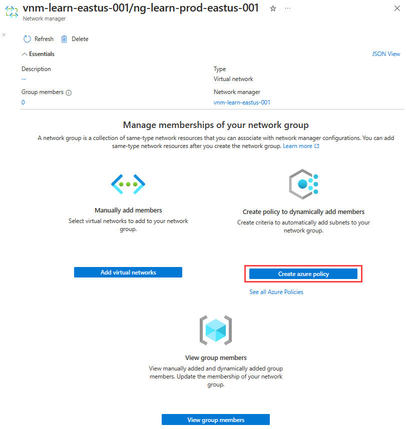 Zrzut ekranu przedstawiający przycisk tworzenia zasad platformy Azure.