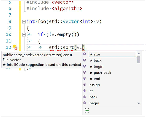 Zrzut ekranu przedstawiający listę rozwijaną C plus i IntelliCode, która pokazuje składowe klasy wektorów posortowane według najczęściej używanych w kodzie.