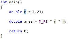 Screenshot showing the variable r highlighted. The line reads: double r = 1.23;.