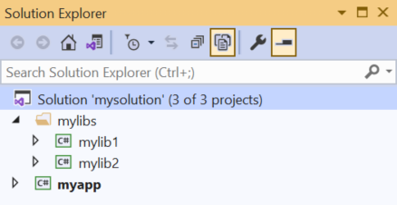 Eksplorator rozwiązań pokazujące projekty biblioteki klas pogrupowane w folder rozwiązania.
