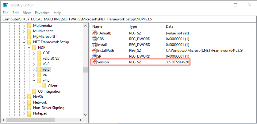 Wpis rejestru dla programu .NET Framework 3.5.
