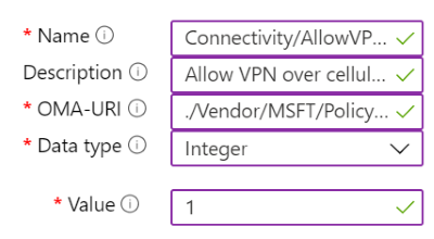 Zrzut ekranu przedstawiający przykład zasad niestandardowych zawierających ustawienia sieci VPN w usłudze Microsoft Intune.