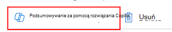 Zrzut ekranu przedstawiający sposób wybierania funkcji Podsumowanie za pomocą rozwiązania Copilot w zasadach w centrum administracyjnym Microsoft Intune i Intune.