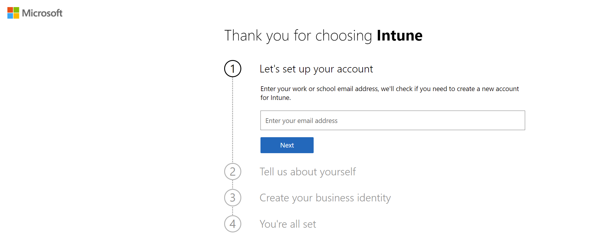 Zrzut ekranu przedstawiający stronę internetową tworzenia konta wersji próbnej Microsoft Intune.