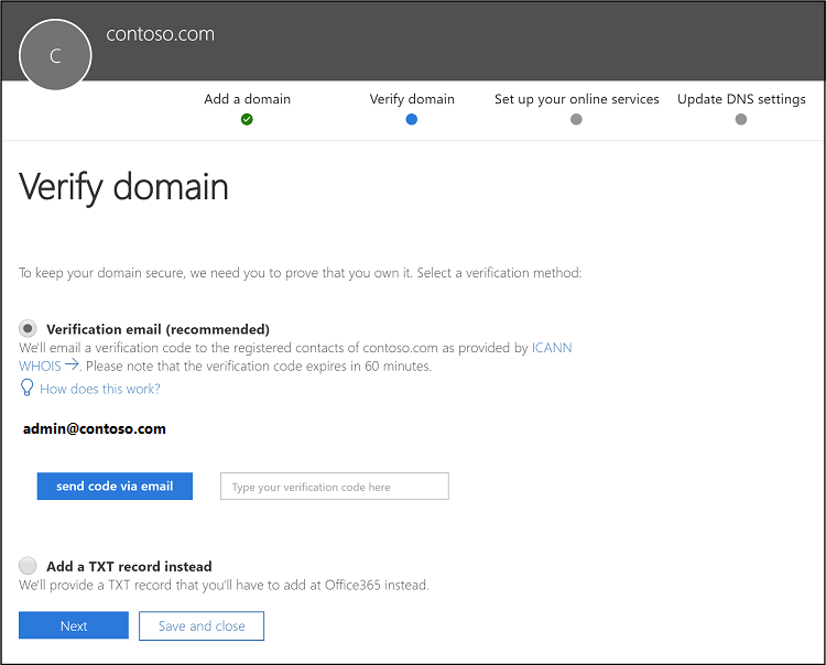 Zrzut ekranu przedstawiający centrum administracyjne platformy Microsoft 365 — weryfikowanie domeny