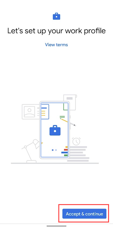 Zrzut ekranu przedstawiający Portal firmy z linkiem do warunków Google i wyróżnionym przyciskiem Akceptuj & kontynuuj.