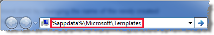 Zrzut ekranu przedstawiający wpisywanie %appdata%\Microsoft\Templates na pasku adresu Eksploratora Windows.