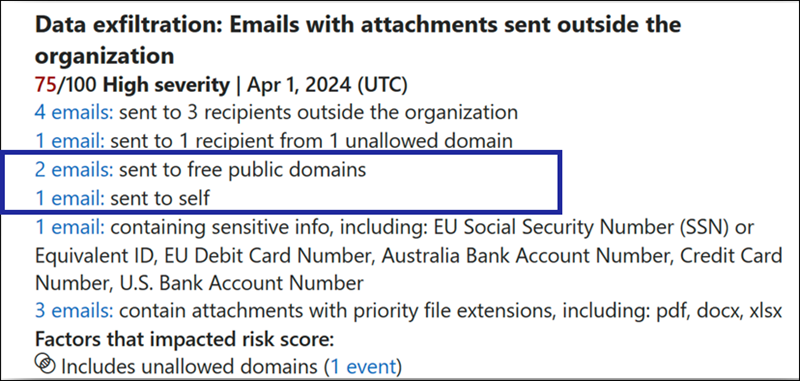 Insider risk management email highlights for personal email exfiltration