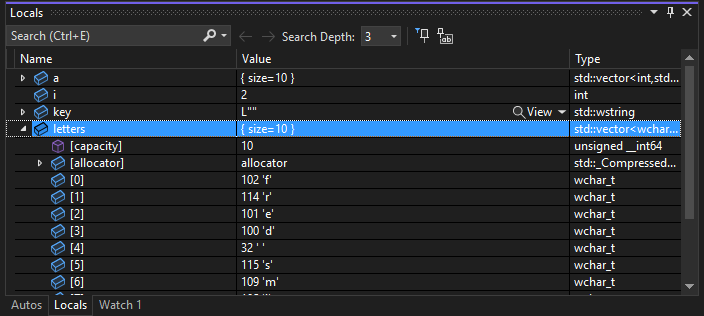 Screenshot of inspecting variables in the Locals Window.