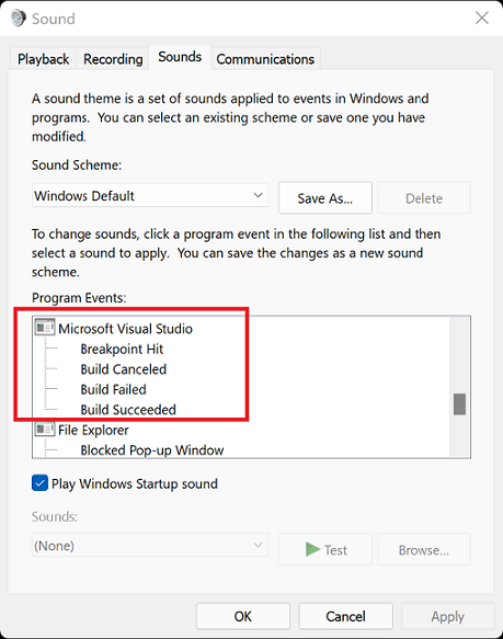 Zrzut ekranu przedstawiający kartę Dźwięki okna dialogowego Dźwięk w systemie Windows 11.