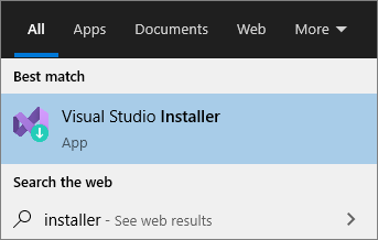 Zrzut ekranu przedstawiający wynik wyszukiwania menu Start dla Instalator programu Visual Studio.