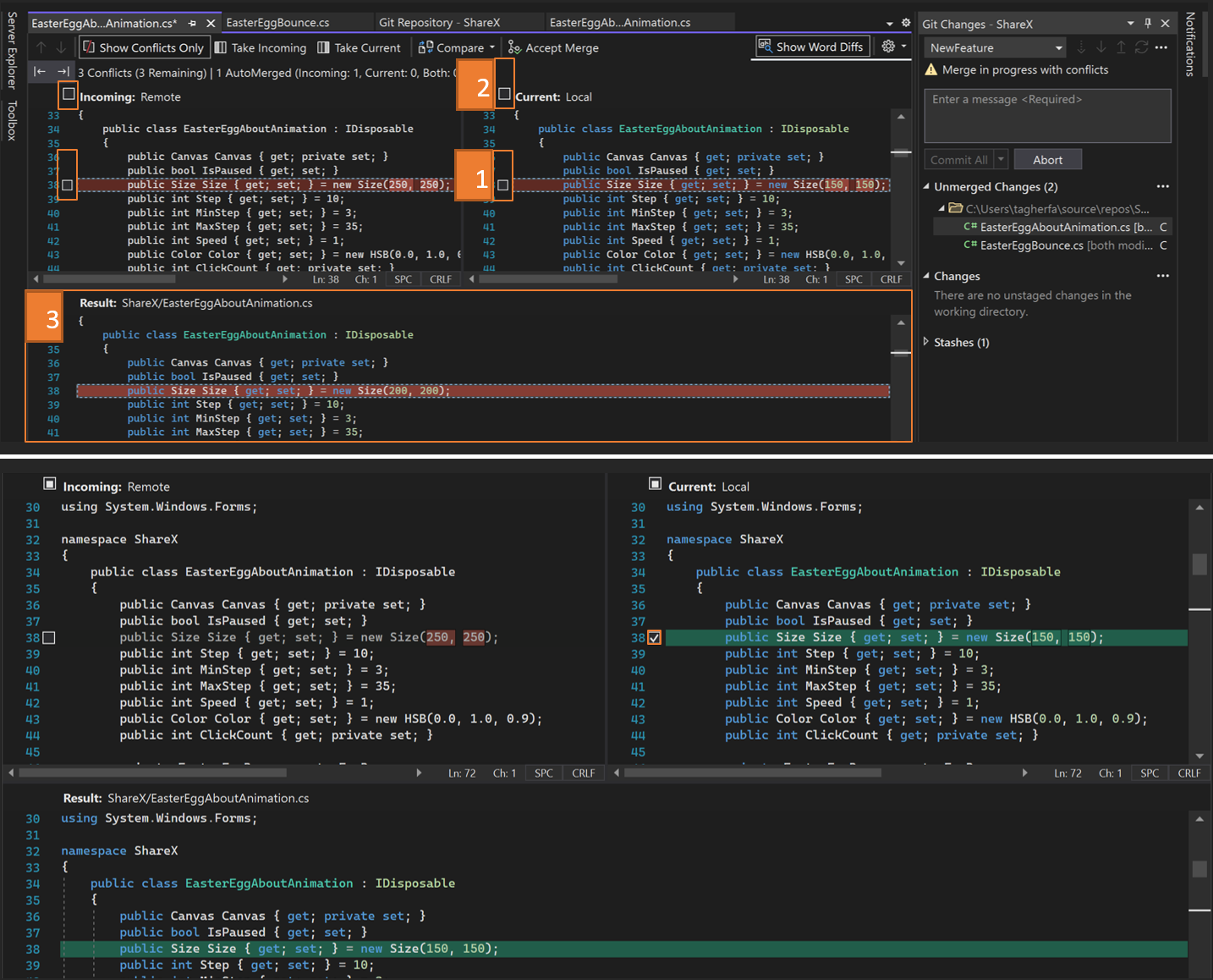 Zrzut ekranu przedstawiający sposób rozwiązywania konfliktu scalania w programie Visual Studio 2022.