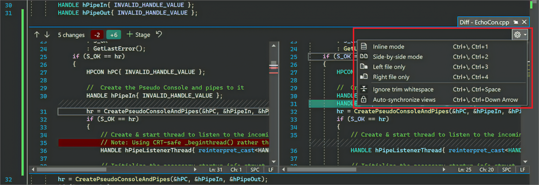 Screenshot of the Diff options available from the gear icon, where you can select the 'Inline mode' option.