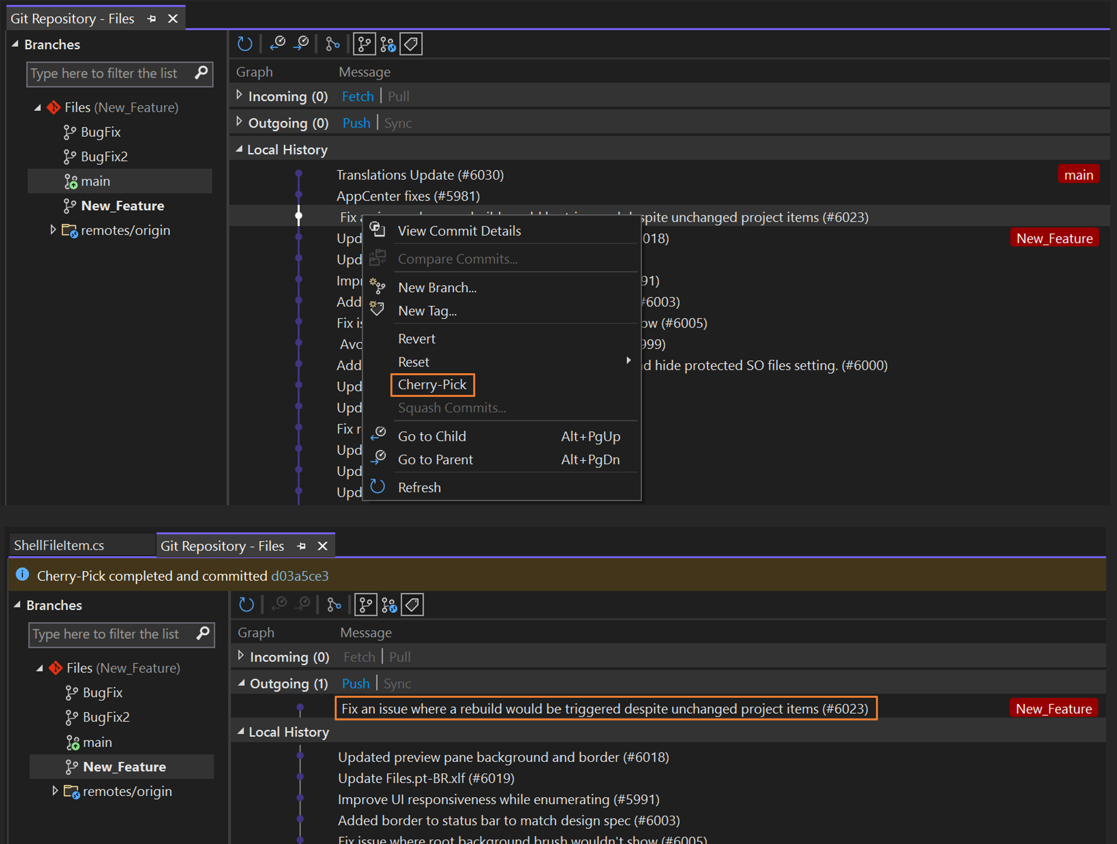Zrzut ekranu przedstawiający wybór wiśni w programie Visual Studio.