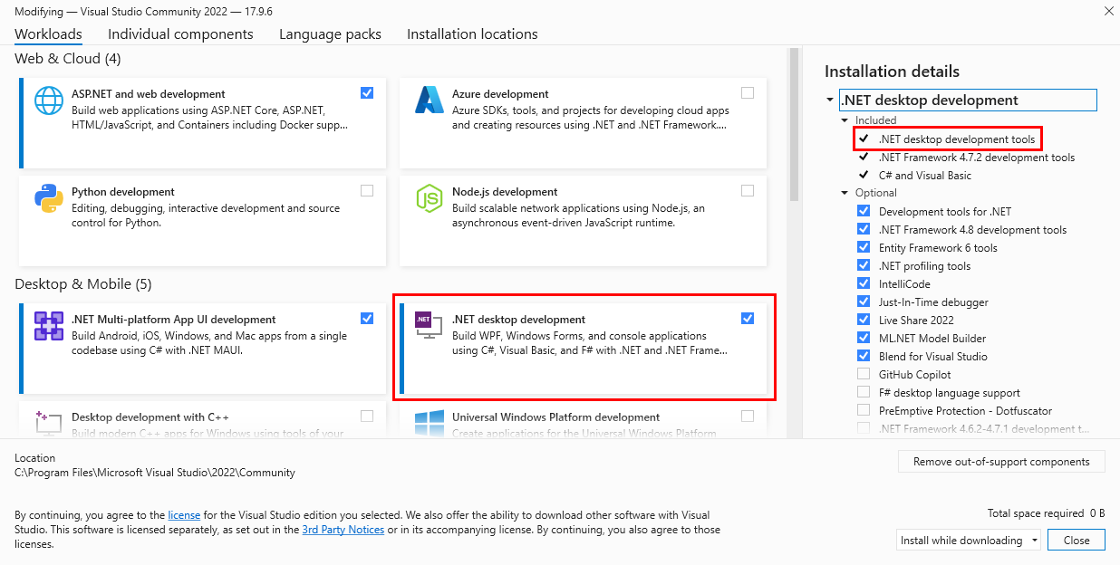 A przedstawiający instalator Visual Studio z obciążeniem .NET Desktop wyróżnionym czerwonym polem.