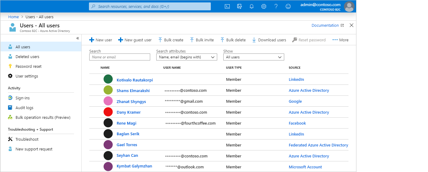 Zrzut ekranu przedstawiający stronę zarządzania użytkownikami usługi Azure AD B2C w witrynie Azure Portal.