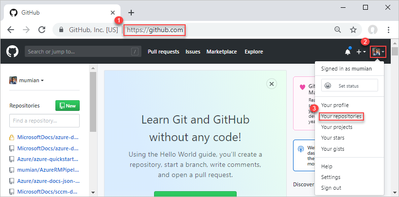 Zrzut ekranu przedstawiający tworzenie repozytorium GitHub dla usługi Azure Resource Manager Azure DevOps Azure Pipelines.