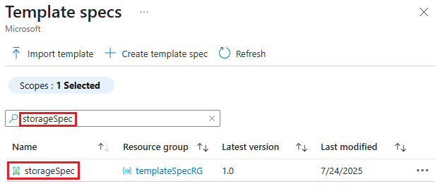 Zrzut ekranu przedstawiający listę specyfikacji szablonu z wybranym jednym elementem.