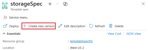 Zrzut ekranu przedstawiający przycisk **Utwórz nową wersję** w szczegółach specyfikacji szablonu.
