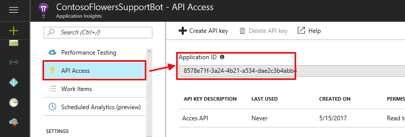 Zrzut ekranu przedstawiający sposób pobierania identyfikatora aplikacji z zasobu usługi Application Insights.