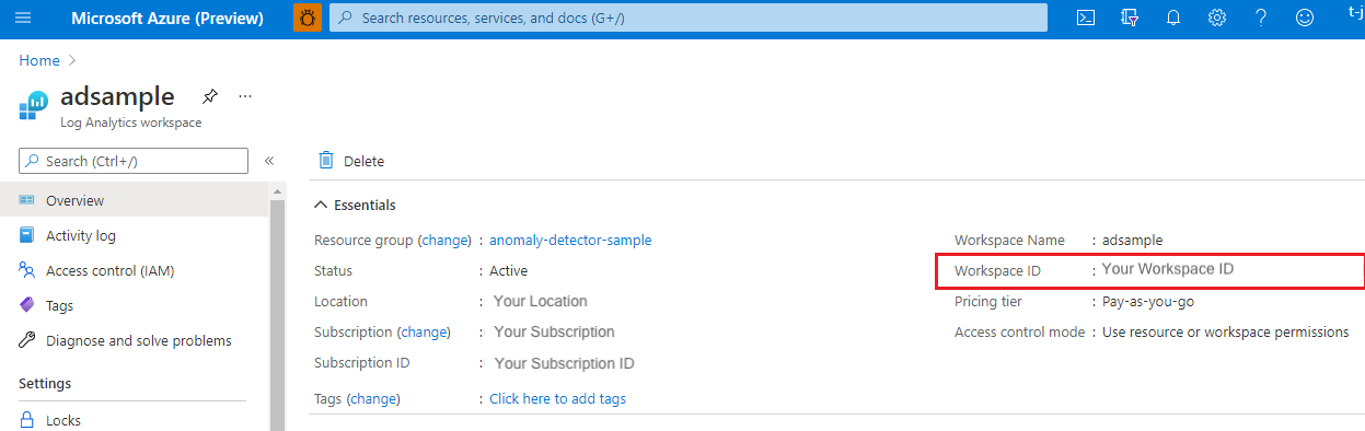 Zrzut ekranu przedstawiający miejsce znalezienia identyfikatora obszaru roboczego w witrynie Azure Portal.