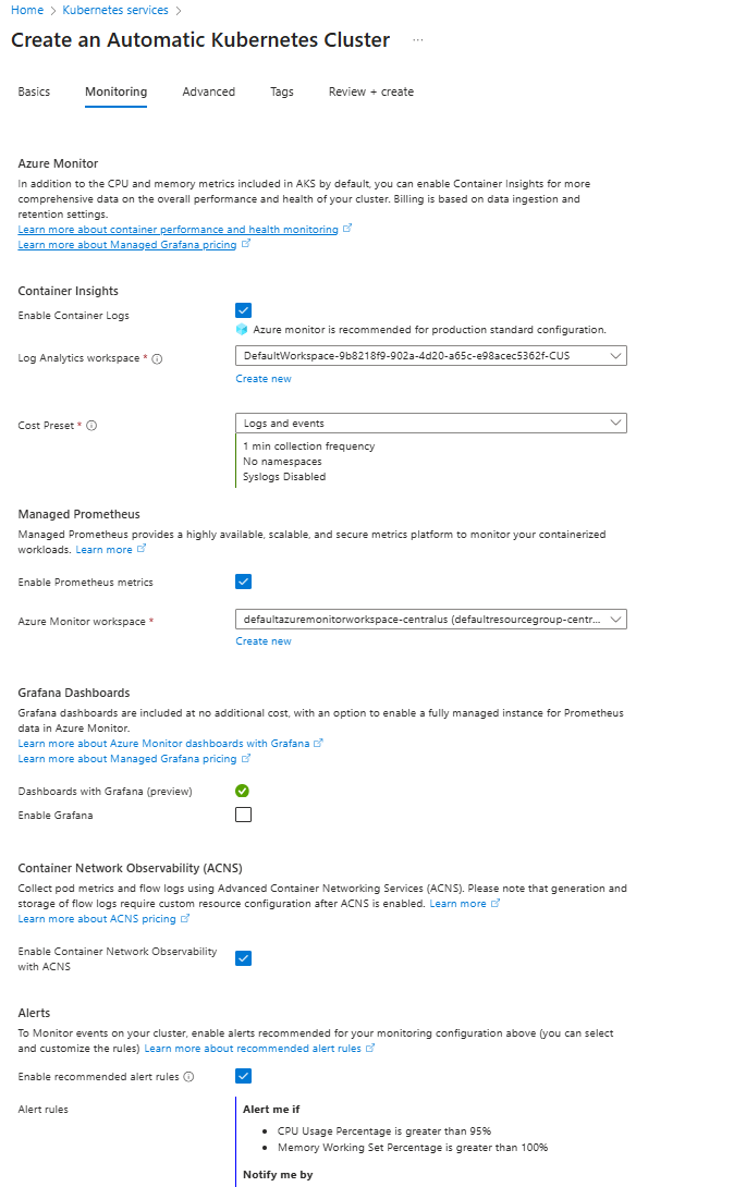 Zrzut ekranu przedstawiający kartę Monitorowanie podczas tworzenia klastra automatycznego usługi AKS w witrynie Azure Portal.