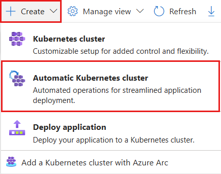 Zrzut ekranu przedstawiający przycisk Utwórz automatyczny klaster AKS w portalu Azure.
