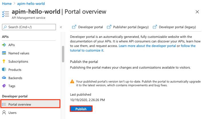 Zrzut ekranu przedstawiający publikowanie portalu dla deweloperów w witrynie Azure Portal