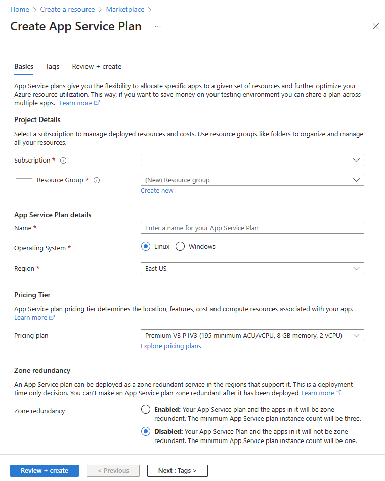 Utwórz plan usługi App Service w witrynie Azure Portal.