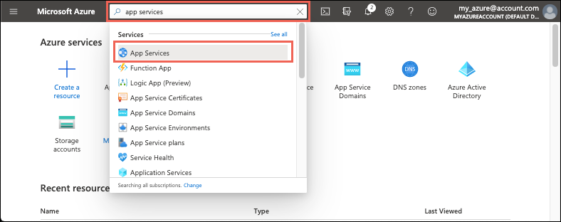 Zrzut ekranu witryny Azure Portal — wybierz opcję App Services.