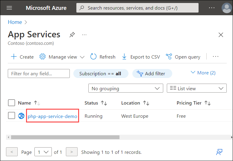 Zrzut ekranu przedstawiający listę usług App Services na platformie Azure. Nazwa demonstracyjnej usługi app Service została wyróżniona.
