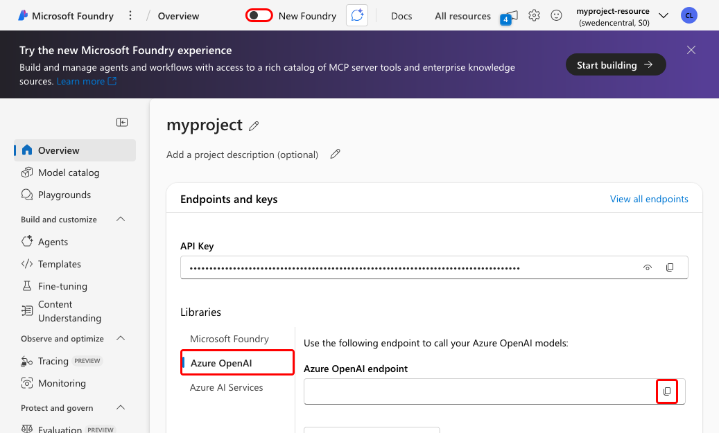 Zrzut ekranu przedstawiający sposób kopiowania punktu końcowego interfejsu OpenAI i punktu końcowego projektu foundry w portalu foundry.