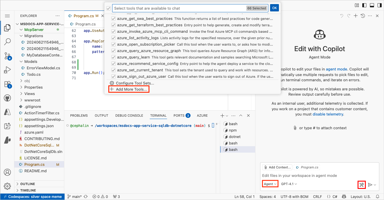 Zrzut ekranu przedstawiający sposób dodawania serwera MCP w trybie agenta czatu Copilot w usłudze GitHub.