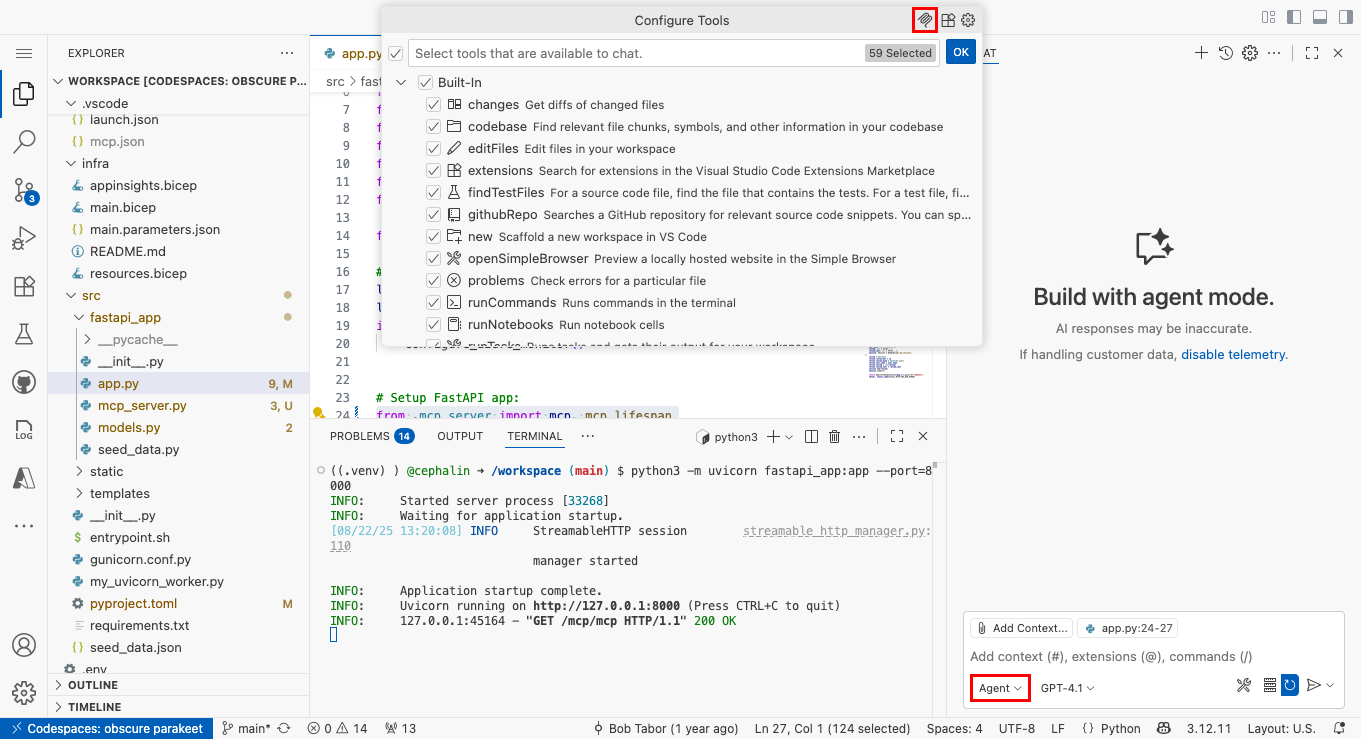 Zrzut ekranu przedstawiający sposób dodawania serwera MCP w trybie agenta czatu Copilot w usłudze GitHub.
