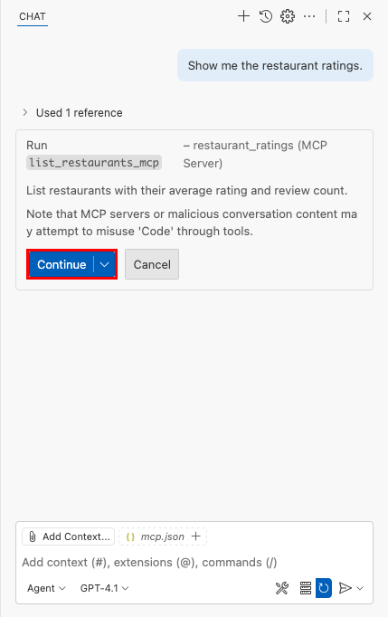 Zrzut ekranu przedstawiający domyślny komunikat zabezpieczeń z wywołania MCP w usłudze GitHub Copilot Chat.