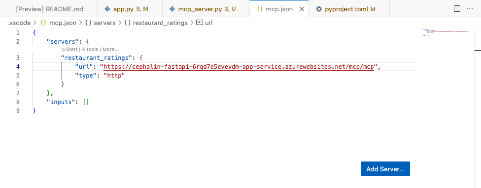 Zrzut ekranu przedstawiający sposób ręcznego uruchamiania serwera MCP z lokalnego pliku mcp.json.
