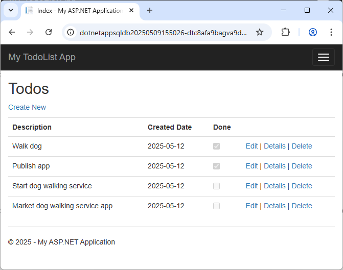 Zrzut ekranu przedstawiający aplikację platformy Azure po migracji Code First.